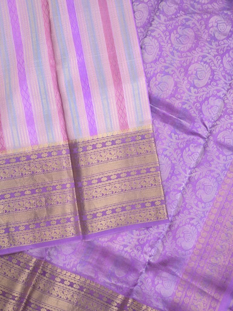 Kanchi kora pattu saree in light purple color allover zari stripes & zari border with rich pallu and plain blouse