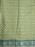 Dola silk fancy saree leaf green color allover prints & contrast zari border with printed pallu and printed blouse