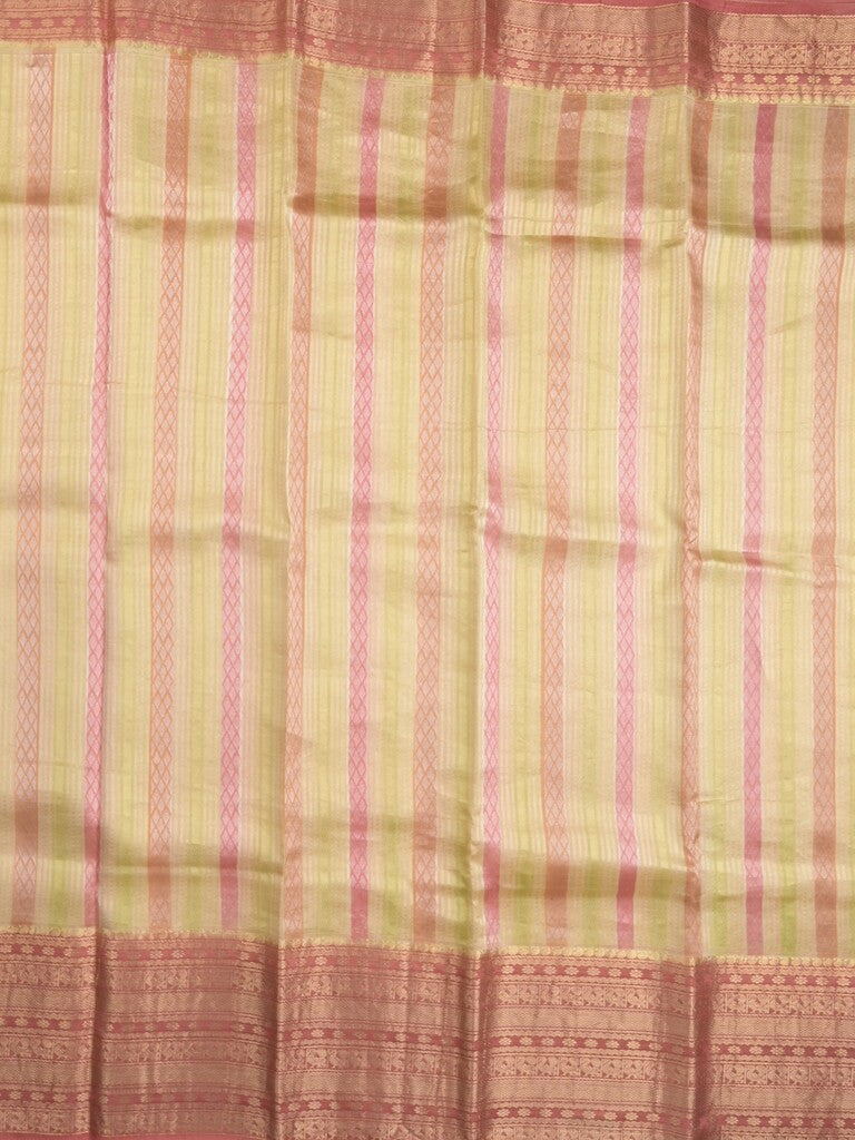 Kanchi kora pattu saree in cream color allover zari stripes & zari border with rich pallu and plain blouse