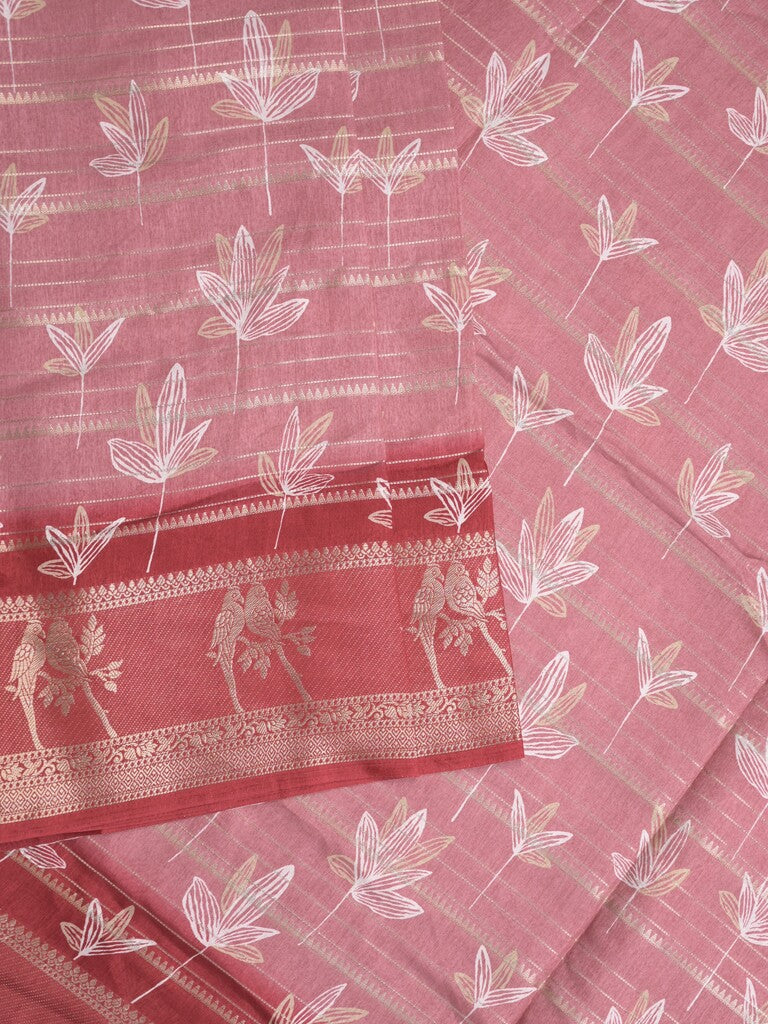 Dola silk fancy saree light pink color allover prints & contrast zari border with printed pallu and printed blouse