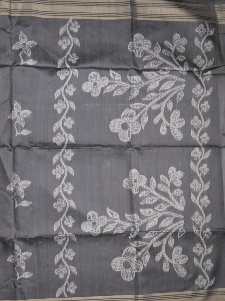 Tussar fancy saree dark grey color allover prints & plain gold border with printed pallu and self blouse