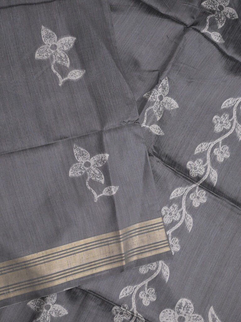 Tussar fancy saree dark grey color allover prints & plain gold border with printed pallu and self blouse