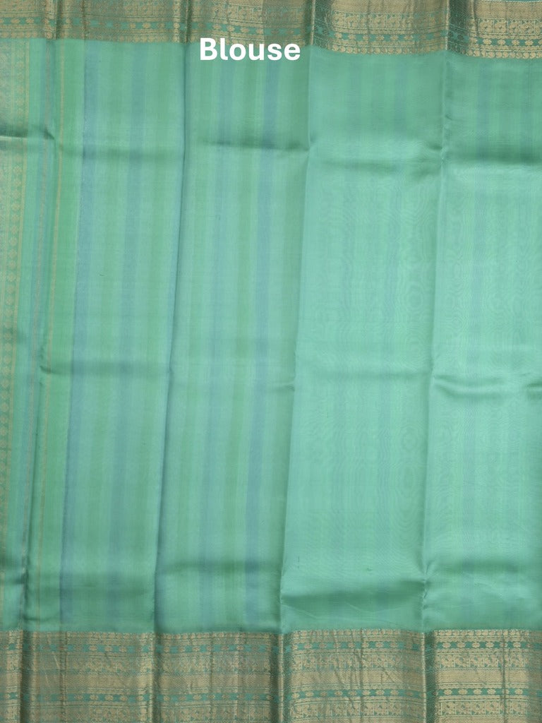 Kanchi kora pattu saree in lux green color allover zari stripes & zari border with rich pallu and plain blouse