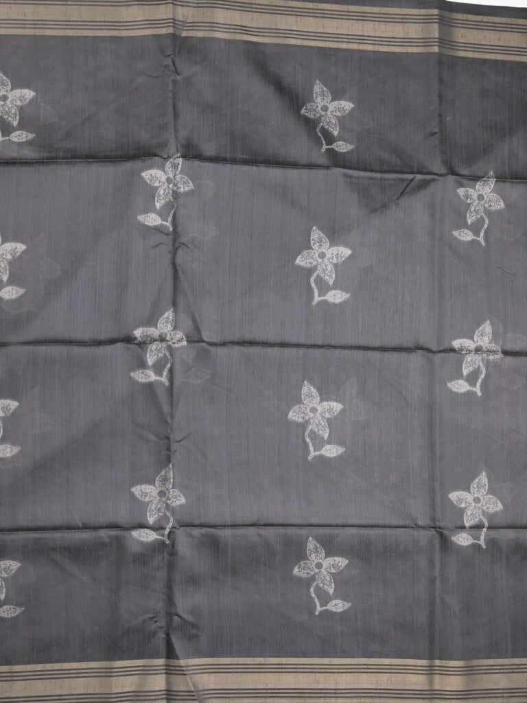 Tussar fancy saree dark grey color allover prints & plain gold border with printed pallu and self blouse