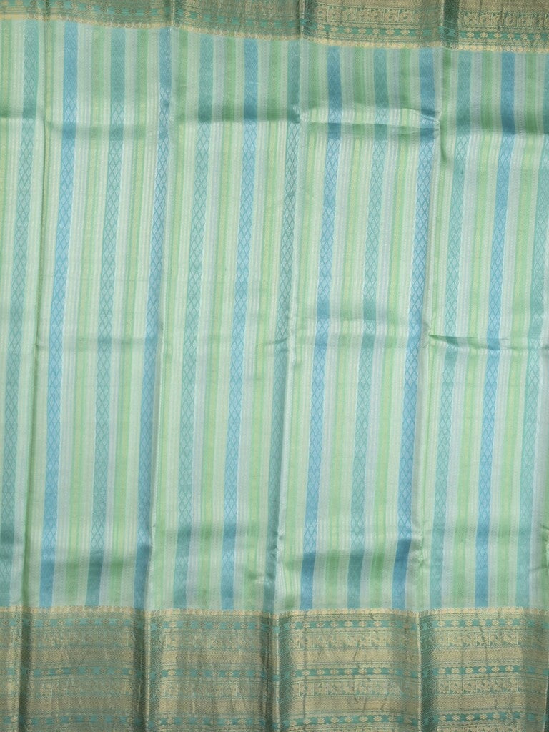 Kanchi kora pattu saree in lux green color allover zari stripes & zari border with rich pallu and plain blouse