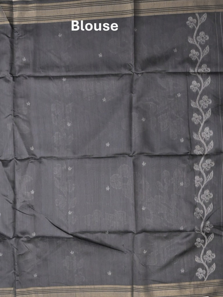 Tussar fancy saree dark grey color allover prints & plain gold border with printed pallu and self blouse