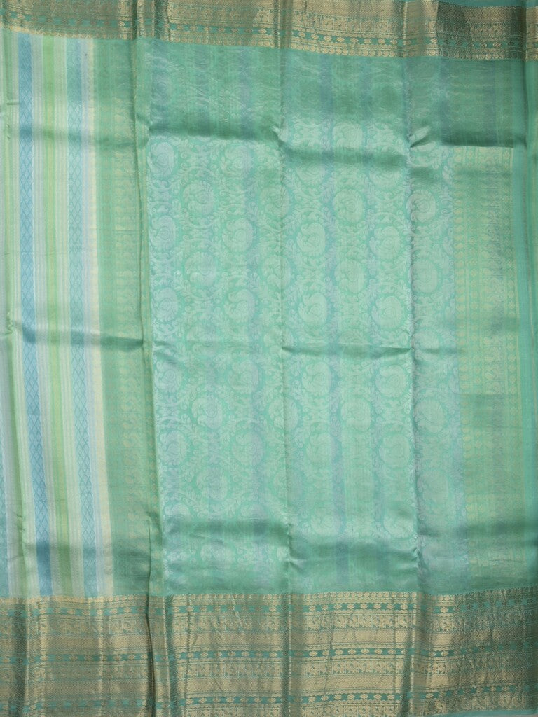 Kanchi kora pattu saree in lux green color allover zari stripes & zari border with rich pallu and plain blouse