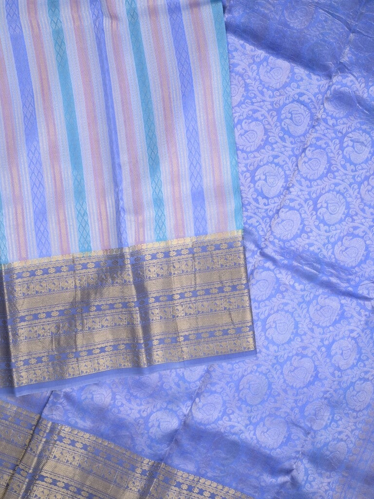 Kanchi kora pattu saree in light blue color allover zari stripes & zari border with rich pallu and plain blouse