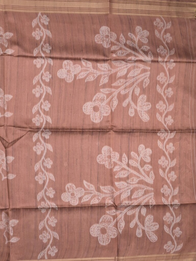 Tussar fancy saree brown color allover prints & plain gold border with printed pallu and self blouse