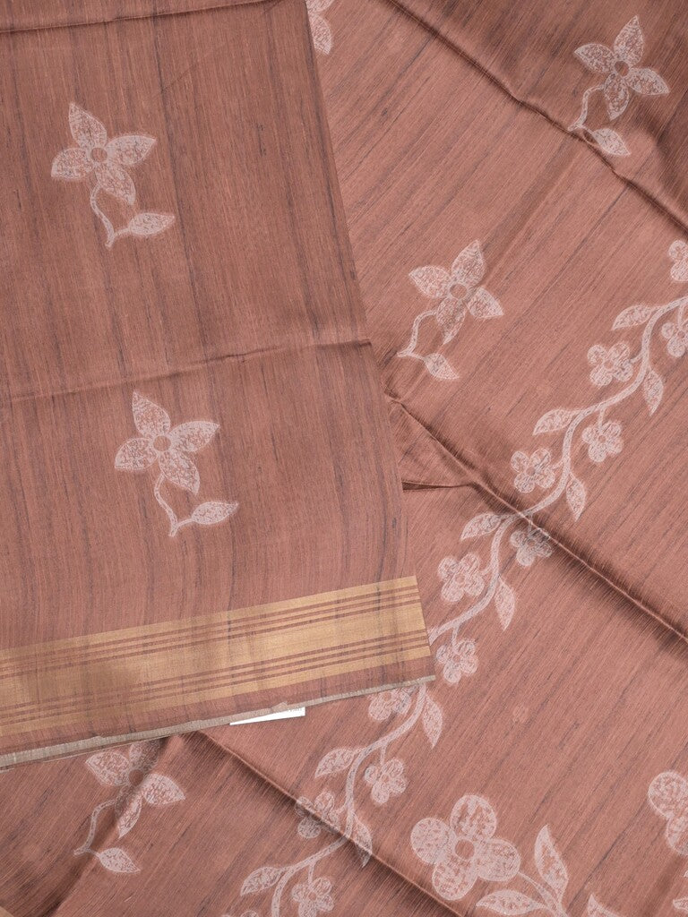 Tussar fancy saree brown color allover prints & plain gold border with printed pallu and self blouse