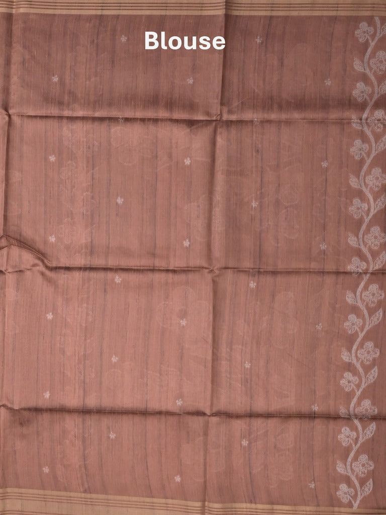 Tussar fancy saree brown color allover prints & plain gold border with printed pallu and self blouse