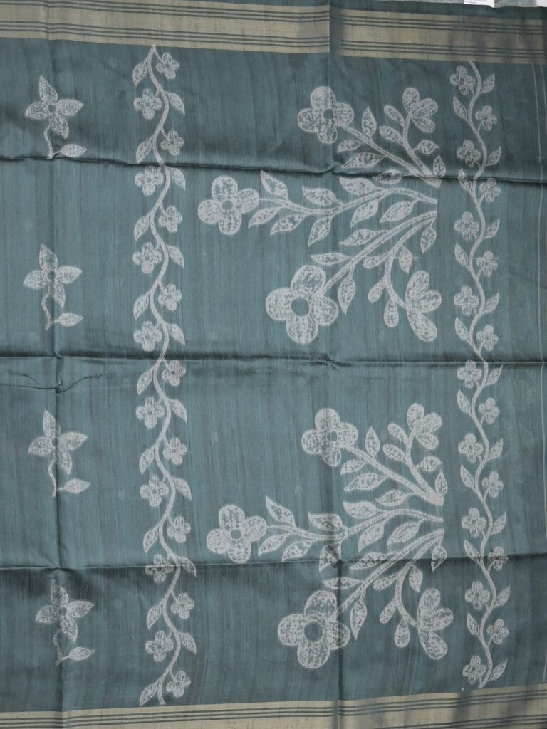 Tussar fancy saree bluish grey color allover prints & plain gold border with printed pallu and self blouse
