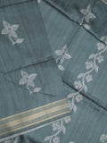 Tussar fancy saree bluish grey color allover prints & plain gold border with printed pallu and self blouse