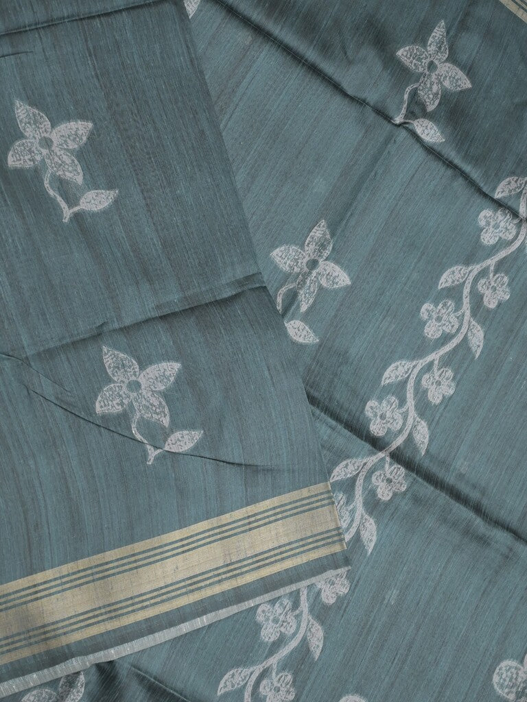 Tussar fancy saree bluish grey color allover prints & plain gold border with printed pallu and self blouse