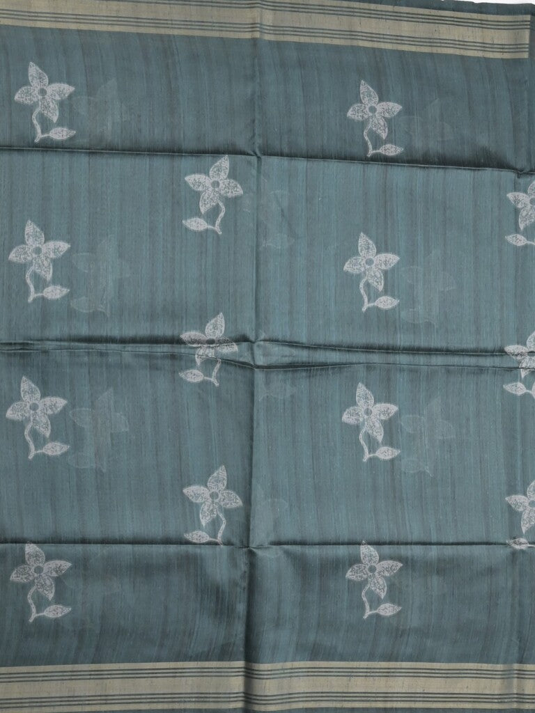 Tussar fancy saree bluish grey color allover prints & plain gold border with printed pallu and self blouse