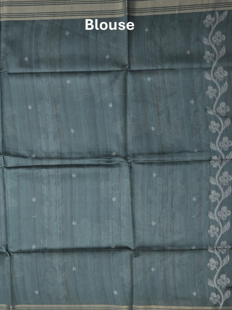 Tussar fancy saree bluish grey color allover prints & plain gold border with printed pallu and self blouse
