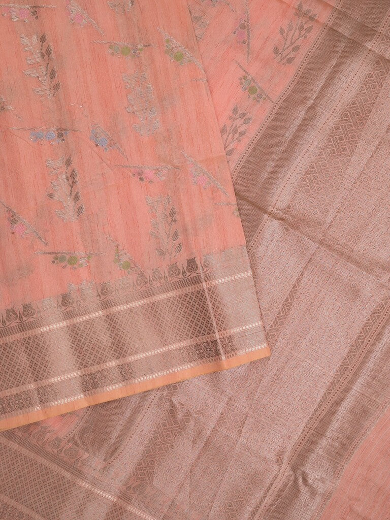Chanderi fancy saree in coral pink color allover zari motifs & zari border with brocade and blouse