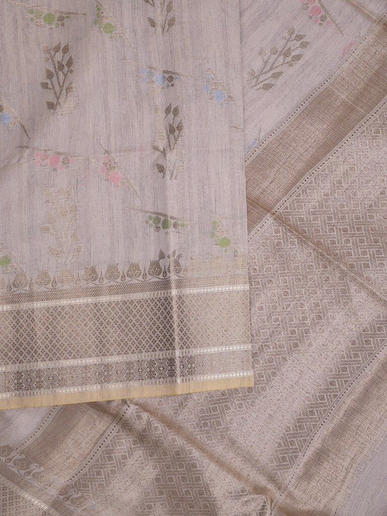 Chanderi fancy saree in grey color allover zari motifs & zari border with brocade and blouse