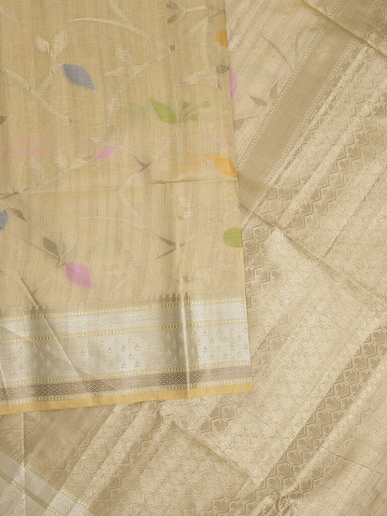Chanderi fancy saree in beige color allover zari motifs & zari border with brocade and blouse