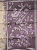 Tussar fancy saree light beige color allover floral design & small border with contrast pallu and attached printed blouse
