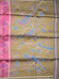 Tussar fancy saree pink color allover floral design & small border with contrast pallu and attached printed blouse