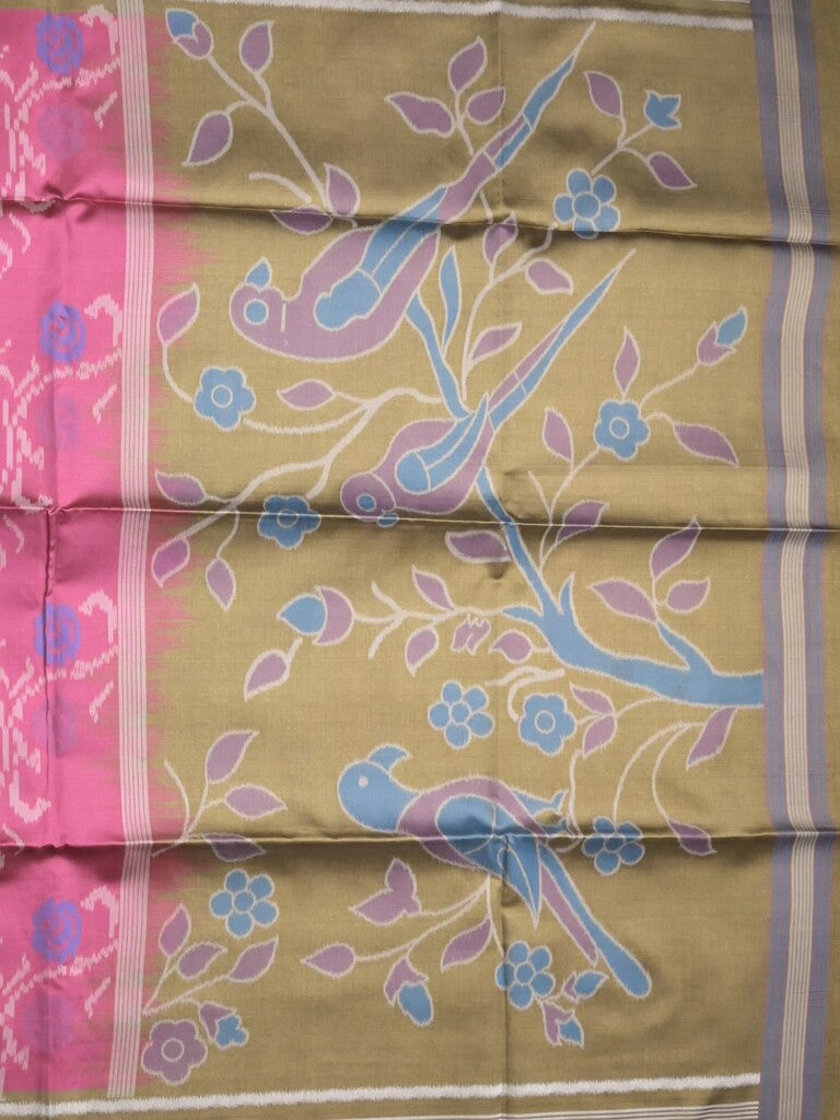 Tussar fancy saree pink color allover floral design & small border with contrast pallu and attached printed blouse