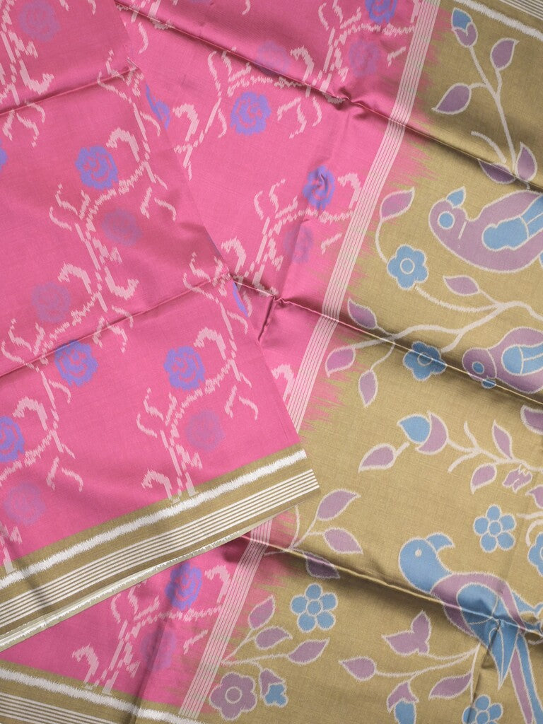 Tussar fancy saree pink color allover floral design & small border with contrast pallu and attached printed blouse