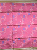 Tussar fancy saree pink color allover floral design & small border with contrast pallu and attached printed blouse