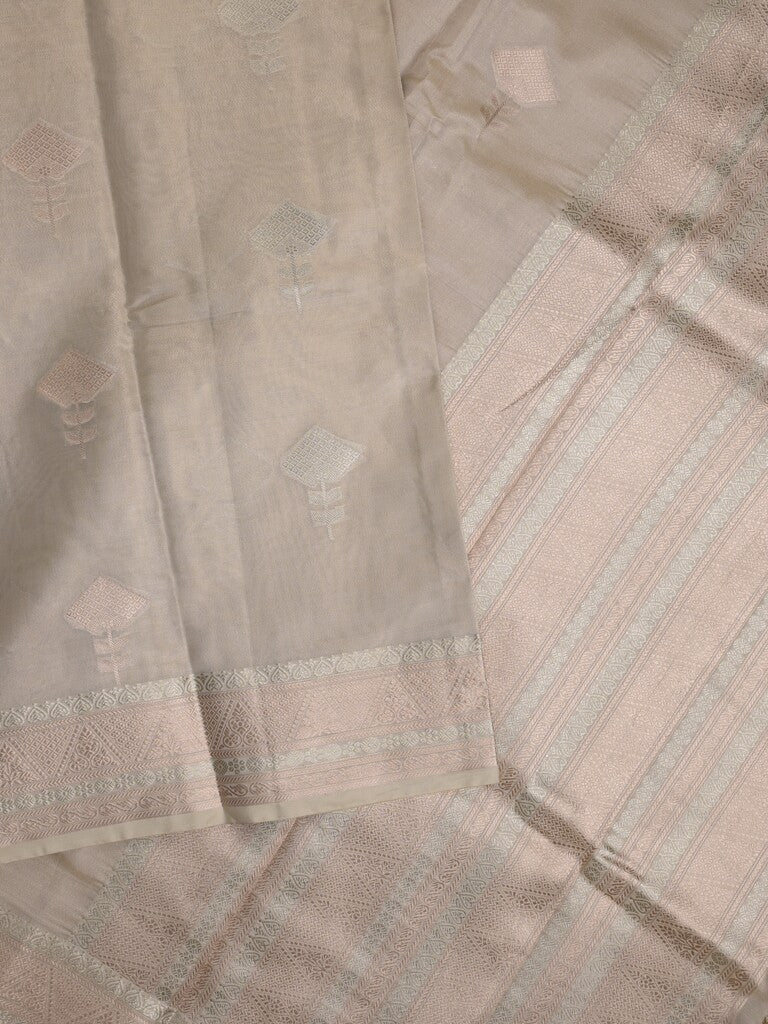 Fancy tissue saree in light grey color allover zari motifs & zari border with zari pallu and self blouse