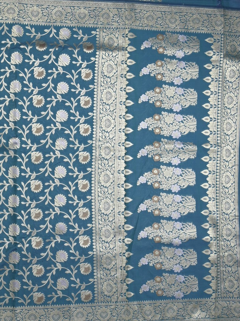 Banaras pattu saree in blue color allover zari weaves & zari border with rich pallu and striped blouse