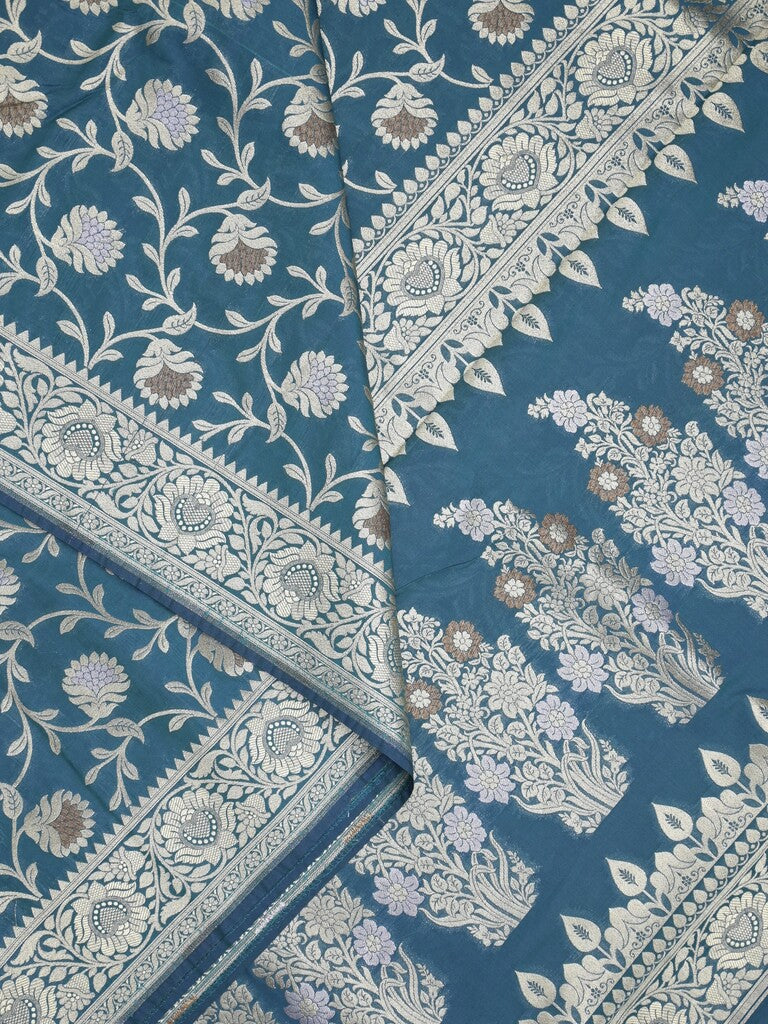 Banaras pattu saree in blue color allover zari weaves & zari border with rich pallu and striped blouse