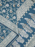Banaras pattu saree in blue color allover zari weaves & zari border with rich pallu and striped blouse