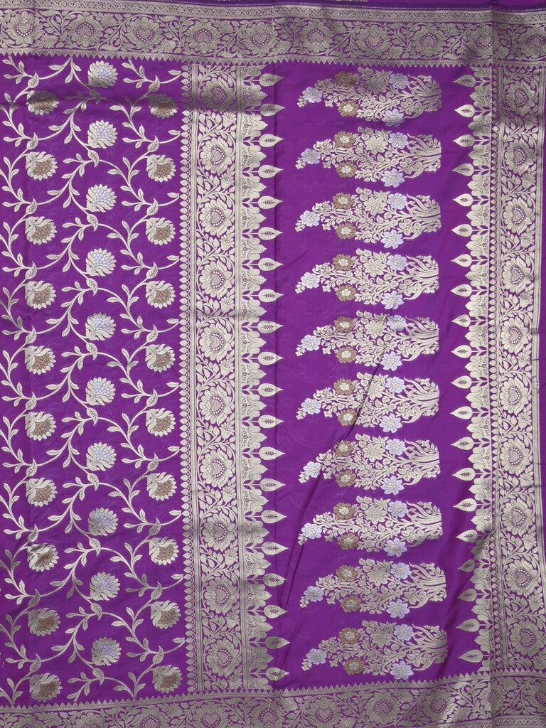 Banaras pattu saree in violet color allover zari weaves & zari border with rich pallu and striped blouse