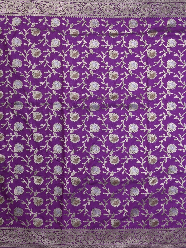 Banaras pattu saree in violet color allover zari weaves & zari border with rich pallu and striped blouse