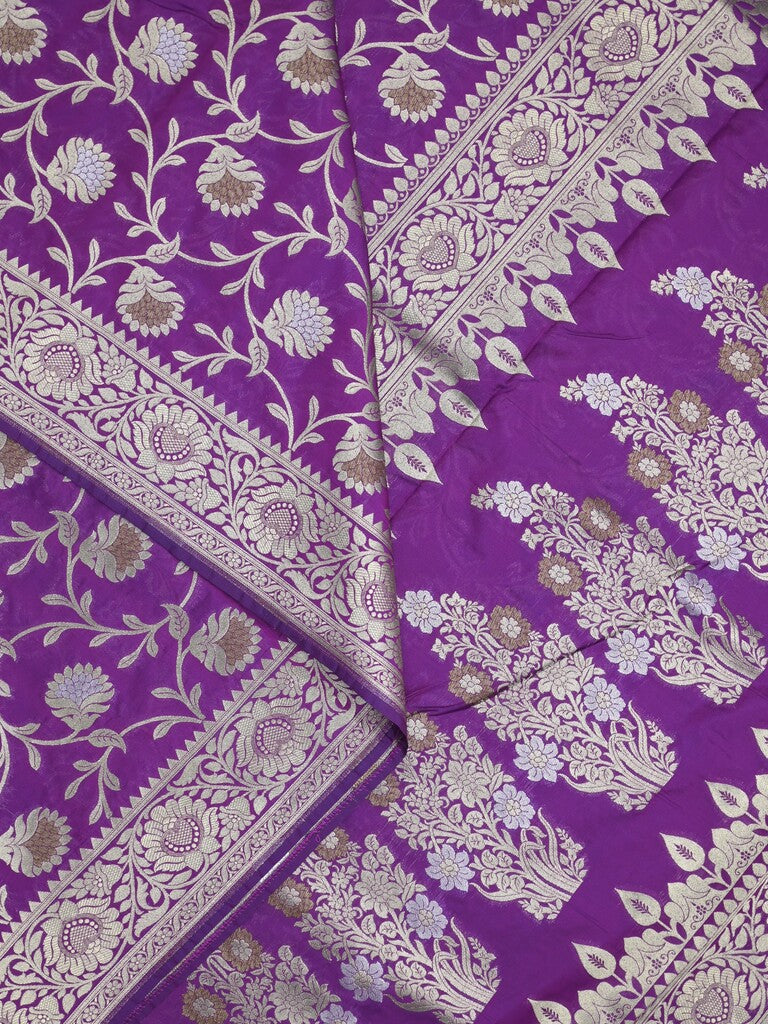 Banaras pattu saree in violet color allover zari weaves & zari border with rich pallu and striped blouse