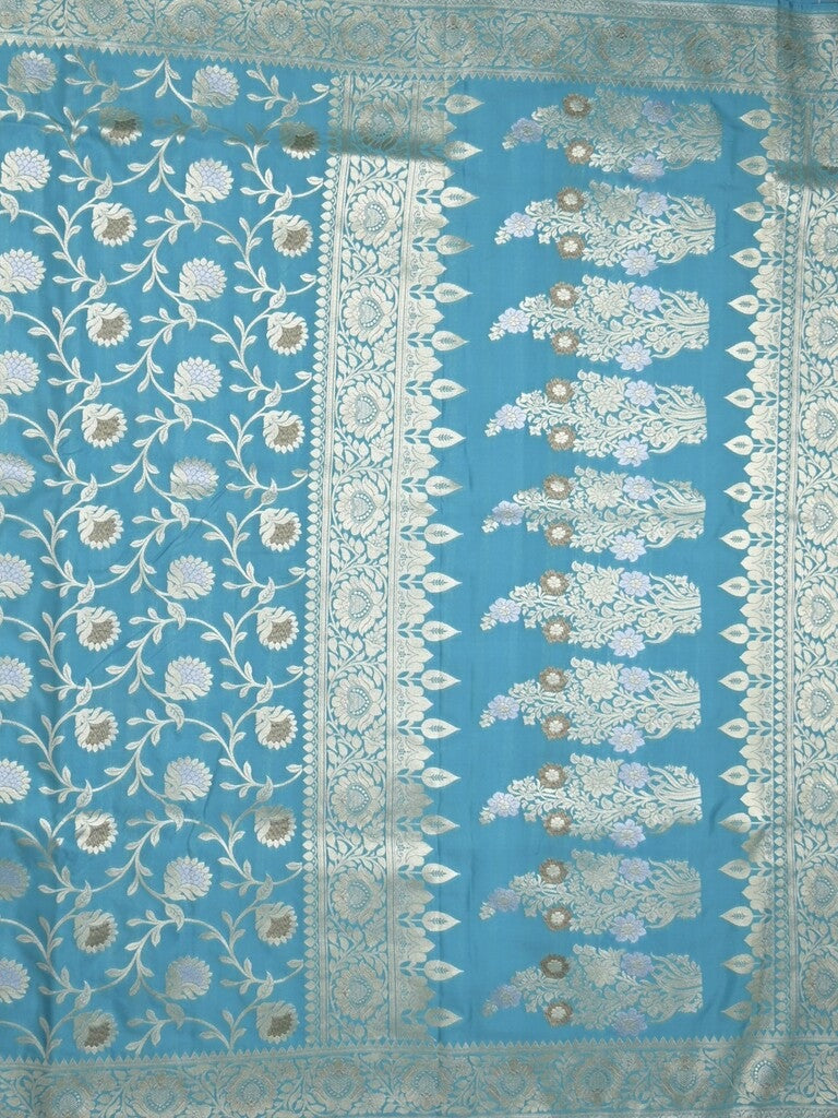 Banaras pattu saree in sky blue color allover zari weaves & zari border with rich pallu and striped blouse