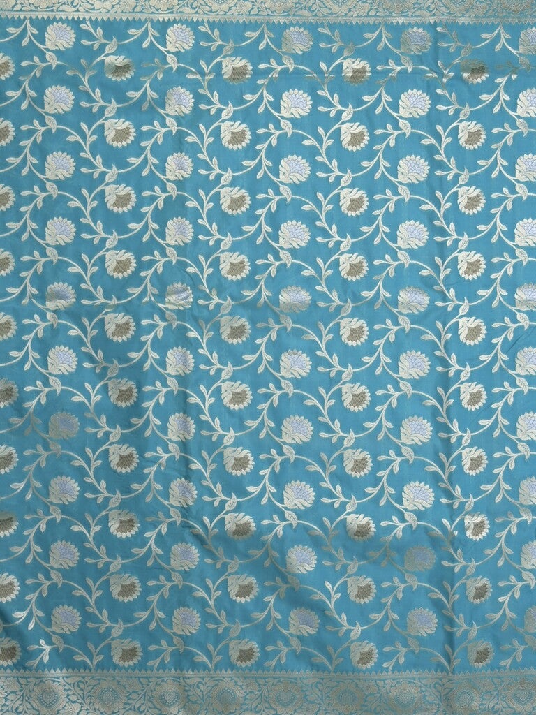 Banaras pattu saree in sky blue color allover zari weaves & zari border with rich pallu and striped blouse