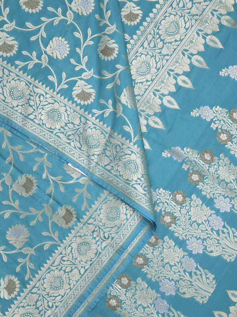 Banaras pattu saree in sky blue color allover zari weaves & zari border with rich pallu and striped blouse