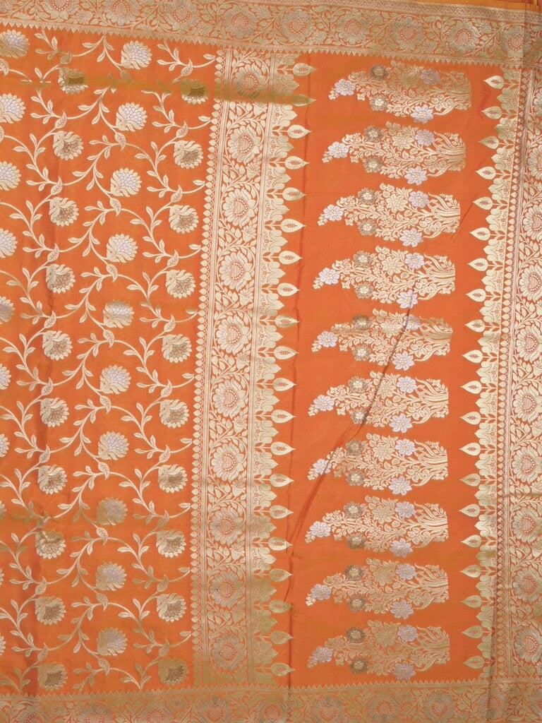 Banaras pattu saree in orange color allover zari weaves & zari border with rich pallu and striped blouse
