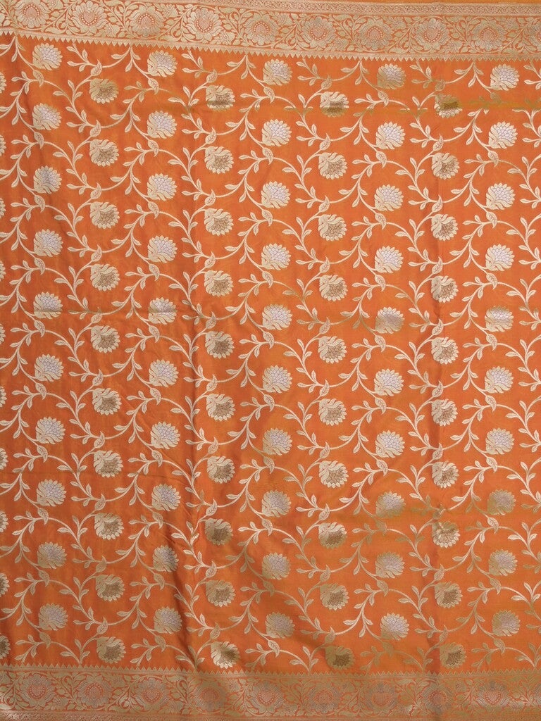 Banaras pattu saree in orange color allover zari weaves & zari border with rich pallu and striped blouse