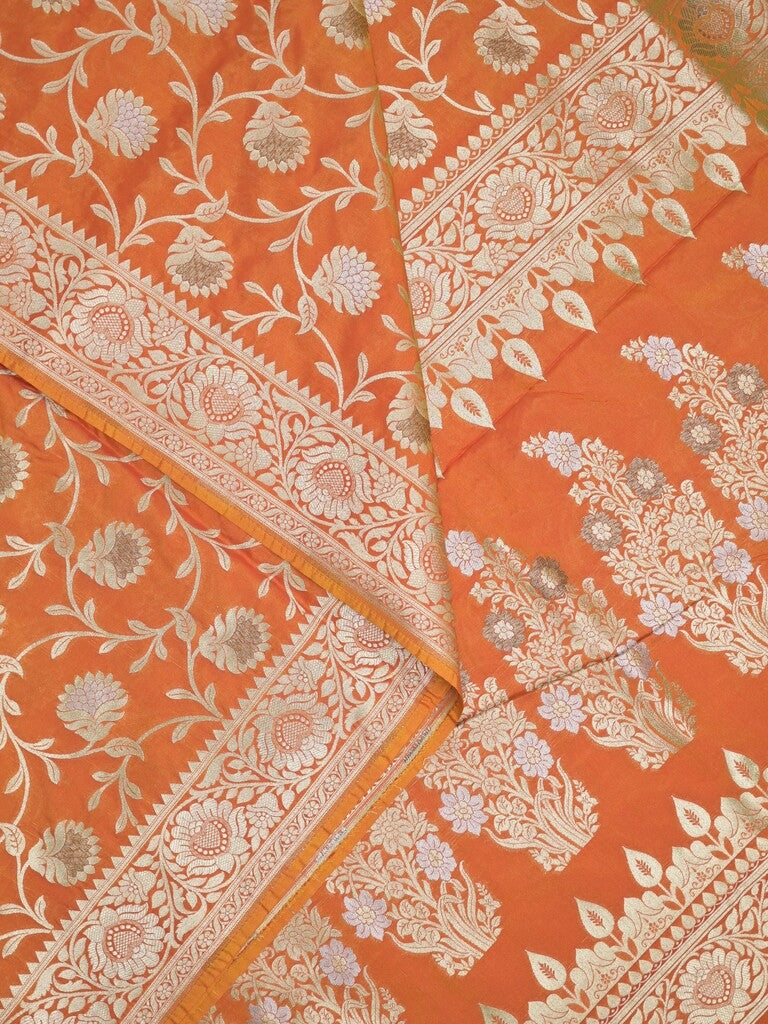 Banaras pattu saree in orange color allover zari weaves & zari border with rich pallu and striped blouse