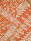 Banaras pattu saree in orange color allover zari weaves & zari border with rich pallu and striped blouse