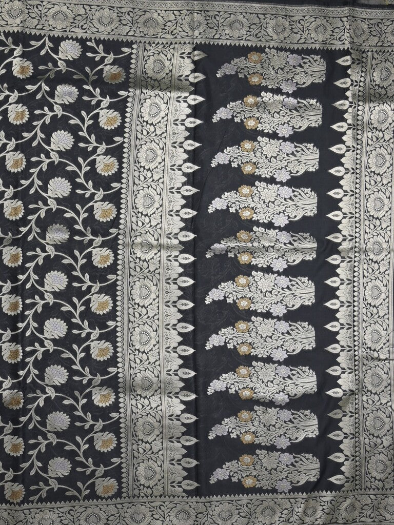 Banaras pattu saree in black color allover zari weaves & zari border with rich pallu and striped blouse