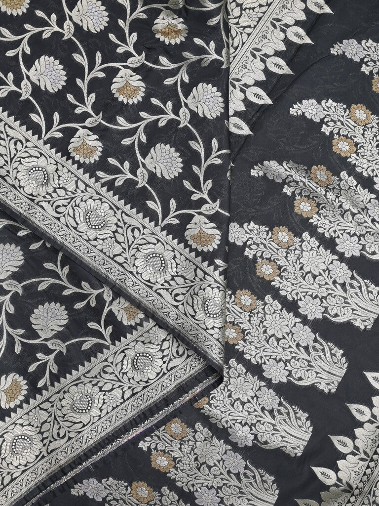 Banaras pattu saree in black color allover zari weaves & zari border with rich pallu and striped blouse