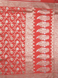 Banaras pattu saree in red color allover zari weaves & zari border with rich pallu and striped blouse