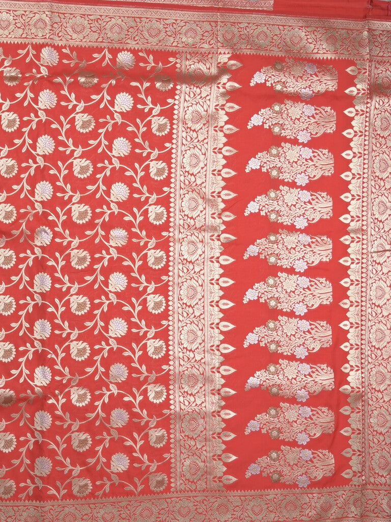 Banaras pattu saree in red color allover zari weaves & zari border with rich pallu and striped blouse