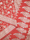 Banaras pattu saree in red color allover zari weaves & zari border with rich pallu and striped blouse