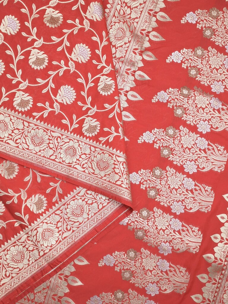 Banaras pattu saree in red color allover zari weaves & zari border with rich pallu and striped blouse