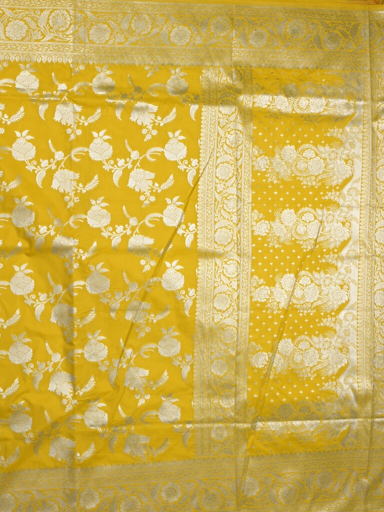 Banaras pattu saree in golden yellow color allover zari weaves & zari border with rich pallu and striped blouse