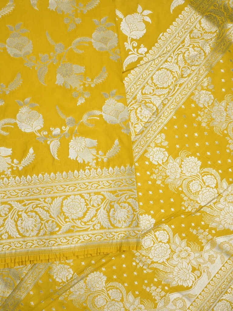 Banaras pattu saree in golden yellow color allover zari weaves & zari border with rich pallu and striped blouse